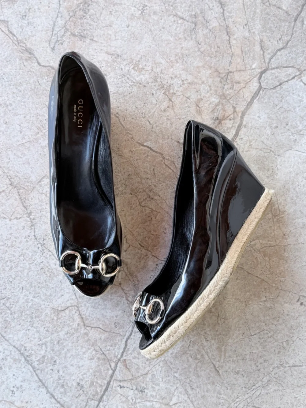 Gucci Black Patent Leather Horsebit Espadrille Peep Toe Wedge Pumps